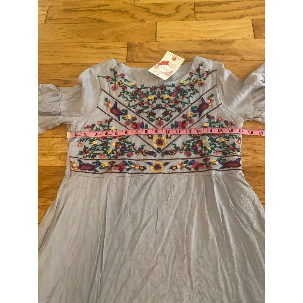 NWT Daizeolii women’s green short bell sleeve embroidered floral peasant dress M - Picture 4 of 7